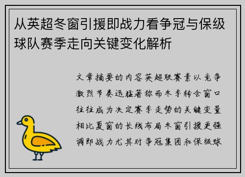 从英超冬窗引援即战力看争冠与保级球队赛季走向关键变化解析
