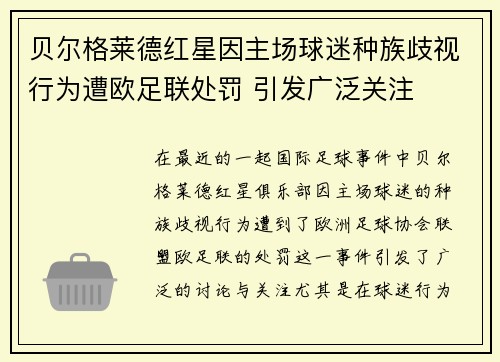 贝尔格莱德红星因主场球迷种族歧视行为遭欧足联处罚 引发广泛关注